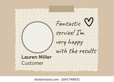 Cartoon testimonial template with grid paper frame, round profile placeholder, quote text and hand drawn heart. Bright feedback design. Stock vector illustration in flat cartoon style.

