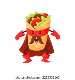 Cartoon tex mex burrito superhero character. Funny vector mexican food super hero comics book personage in cape, boots, gloves and mask. Isolated powerful fairy tale meal mustached defender