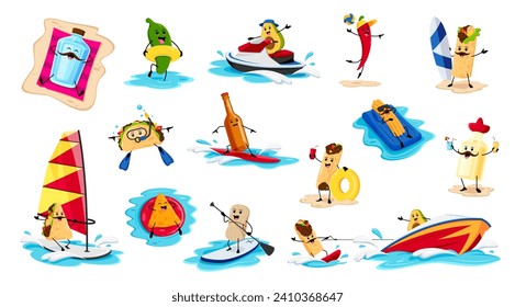 Cartoon tex mex food characters on summer vacation. Vector nachos, tamales, quesadilla and churros. Tequila, tacos, burrito or jalapeno pepper. Enchiladas, avocado or pulque and mezcal on holidays