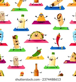 Cartoon Tex Mex mexican characters seamless pattern. Wallpaper or textile vector print with nacho, burrito, taco, chili and jalapeno, churro, tequila, cute personages doing fitness or yoga exercise