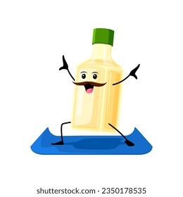 Cartoon Tex Mex Mexican food and pulque drink character on yoga or fitness. Mexican restaurant alcohol drink cute mascot, mexico cuisine beverage or pulque bottle vector comical personage on yoga mat