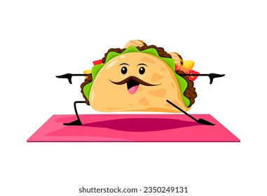 Cartoon Tex Mex Mexican food taco character on yoga fitness. Tex Mex fastfood meal funny character, Mexican cuisine takeaway food isolated vector cute mascot or taco comical personage on yoga