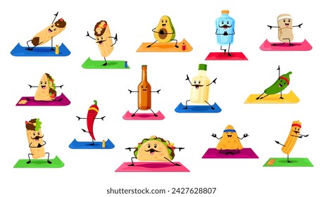Cartoon tex mex mexican food and drinks characters on yoga fitness. Funny taco, burrito, nachos and quesadilla vector personages. Chili pepper, avocado, tequila, tamale and enchilada doing exercises svg
