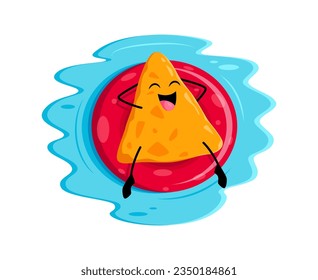 Cartoon tex mex nachos food character on floater ring. Vector mexican meal relax in pool or tropical sea beach floating on inflatable tyre on ocean waves. Funny kids menu personage on summer vacation