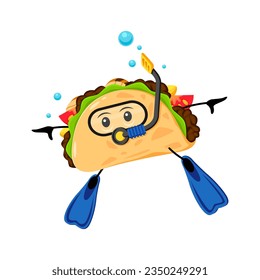 Cartoon tex mex taco food scuba diver character snorkeling with mask, flippers and tube. Isolated vector mexican meal engaging in outdoor water fun and diving recreation at seaside location