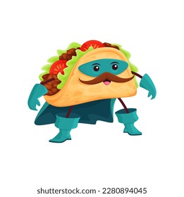 Cartoon tex mex tacos superhero character. Funny vector mexican food super hero comics book personage in cape, boots, gloves and mask. Isolated powerful fairy tale vigilante with mustaches