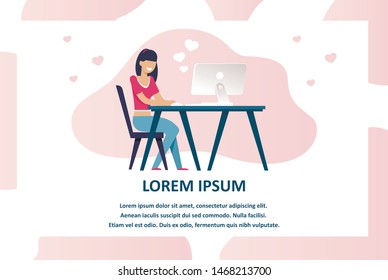 Cartoon Text Banner Advertising Virtual Date Service. Flat Woman Character Fell in Love on Online Dating. Girl Using Laptop for Chatting on Internet. Social Network Acquaintance. Vector Illustration