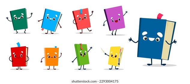 Cartoon textbook, notebook and bestseller book characters, vector emoji smile. School library and education books, kids personages with funny faces and bookmarks, novel or dictionary emoticons