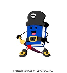 Cartoon textbook school supply pirate and corsair character. Isolated vector rogue book personage with tricorn hat, saber and mischievous grin ready to sail the seas of knowledge in search of treasure