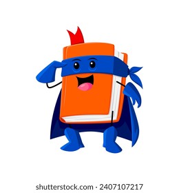 Cartoon textbook school supply superhero and defender character. Isolated vector book dynamic personage with bookmark and pages, filled with knowledge, empowers students on their educational quests