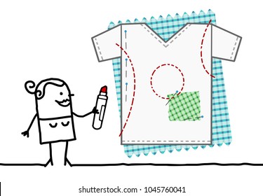 Diseñador textil de caricaturas dibujando una camiseta de barro