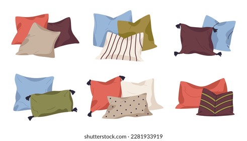 Caricatura de almohadas textiles. Interior de casa plana, suave pluma o cojín de bambú. Montaje de ilustraciones vectoriales planas de almohadas cómodas