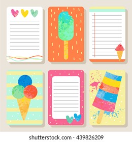Cartoon textured ice cream cards. Cute vector illustration for postcards, posters, notes, to do list, Journals Card.