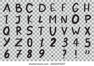 Cartoon textured oil pastel Latin alphabet with numbers and signs, Grunge hand drawn. Chalk letters on transparent Background