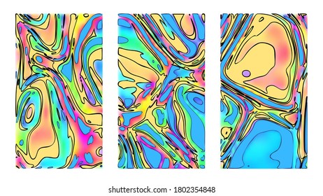 Cartoon-Texturen, mehrfarbiger exotischer Hintergrund-Set. Farbige Vorlagen, Plakate und Cover-Designs mit vertikaler Sicht
