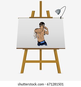 Cartoon Thai boxer on easel. Vector illustration