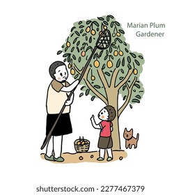 Cartoon Thai family farmer and Sweet Yellow Marian Plum in Thai language it mean “Mayong Chid”