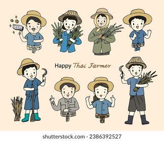 Cartoon Thai Farmer character set, hand drawn style vector illustration