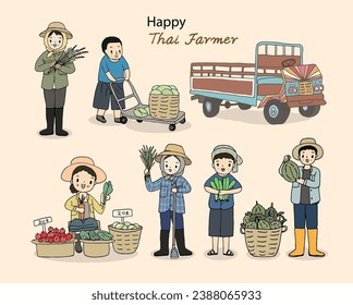 Cartoon Thai Farmer Zeichensatz und Bauernwagen, handgezeichnet Vektorgrafik