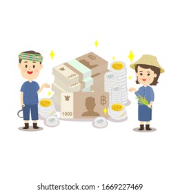 Cartoon Thai Farmer Have Money Vector