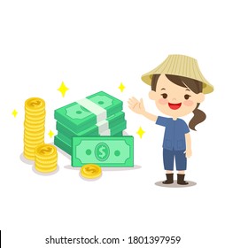 Cartoon Thai Farmer and Money Vector