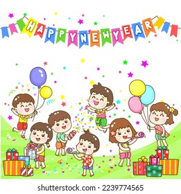 Cartoon Thai Kids in New Year Party.