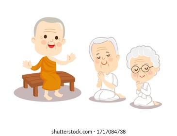 Caricatura monje tailandés y vector budista