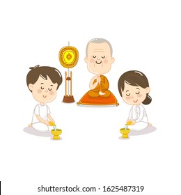 Cartoon Thai Monk and People Pour Ceremonial water of dedication character. vector.