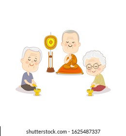 Cartoon Thai Monk and People Pour Ceremonial water of dedication character. vector.