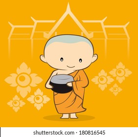 Cartoon Thai Monk receive food Yellow background