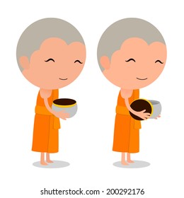 Cartoon Thai Monk receive food