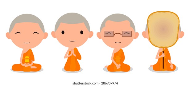 cartoon thai monk sitting peacefully, in meditation