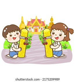 Cartoon Thai Students in Buddhist Lent Day Vector.