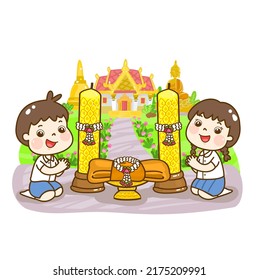 Cartoon Thai Students In Buddhist Lent Day Vector.