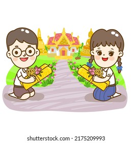 Cartoon Thai Students in Buddhist Lent Day Vector.