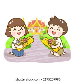 Cartoon Thai Students in Buddhist Lent Day Vector.