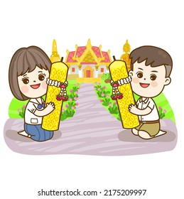 Cartoon Thai Students in Buddhist Lent Day Vector.