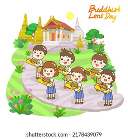  Cartoon Thai Students in Buddhist Lent Day Vector.