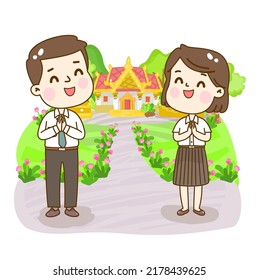 Cartoon Thai Students in Buddhist Lent Day Vector.