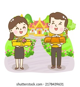 Cartoon Thai Students in Buddhist Lent Day Vector.