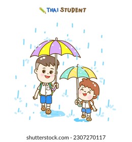 Cartoon Thai Students in rainy season.