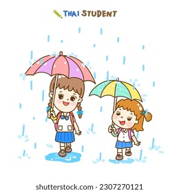 Cartoon Thai Students in rainy season.