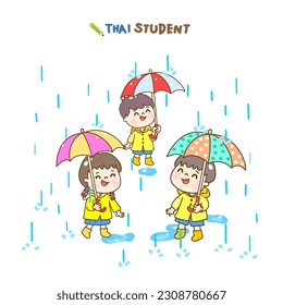 Cartoon Thai Students in rainy season.