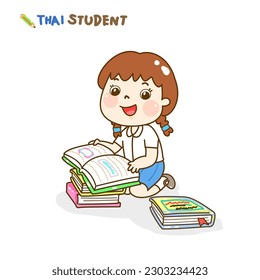 Cartoon Thai Students reading character.