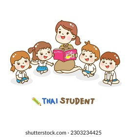 Cartoon Thai Students reading character.