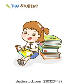 Cartoon Thai Students reading character.