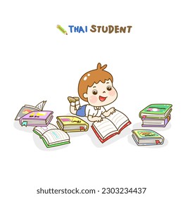 Cartoon Thai Students reading character.