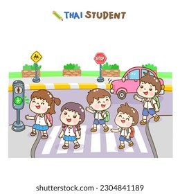 Cartoon Thai Studenten in Traffic Konzept.