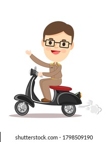 Cartoon Thai Teacher Driving Scooter Vector