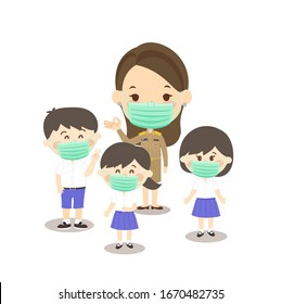 Cartoon Thai Teacher and Thai Students Vector